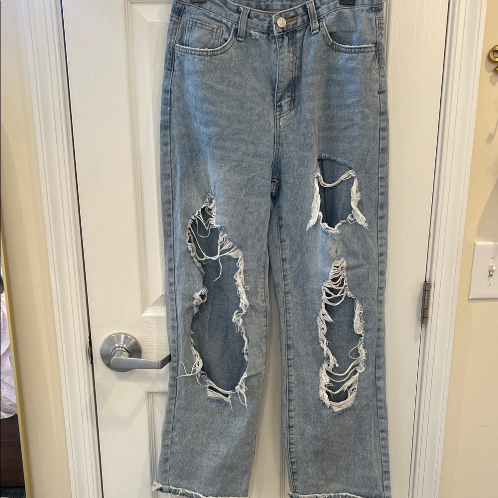 SHEIN Light Blue Distressed Boyfriend Jeans